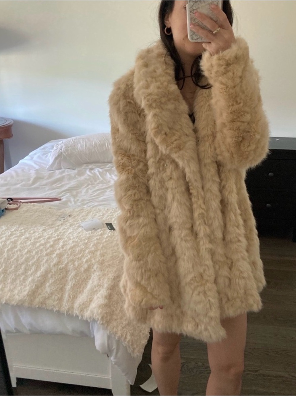 Zara Plush Faux Fur Coat in Beige - Women's Jacket & Coat